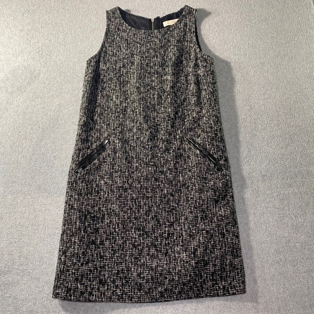 Ann Taylor Loft Tweed Dress Womens Sz 2 Black White Wool Faux Leather Trim EUC‎